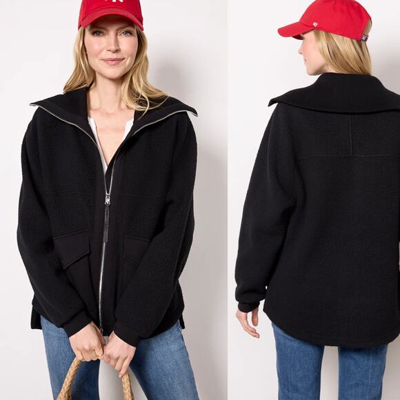 VARLEY Eleanor Patch Pocket Fleece Oversized Zip Up Jacket Black L NWT - Picture 1 of 10